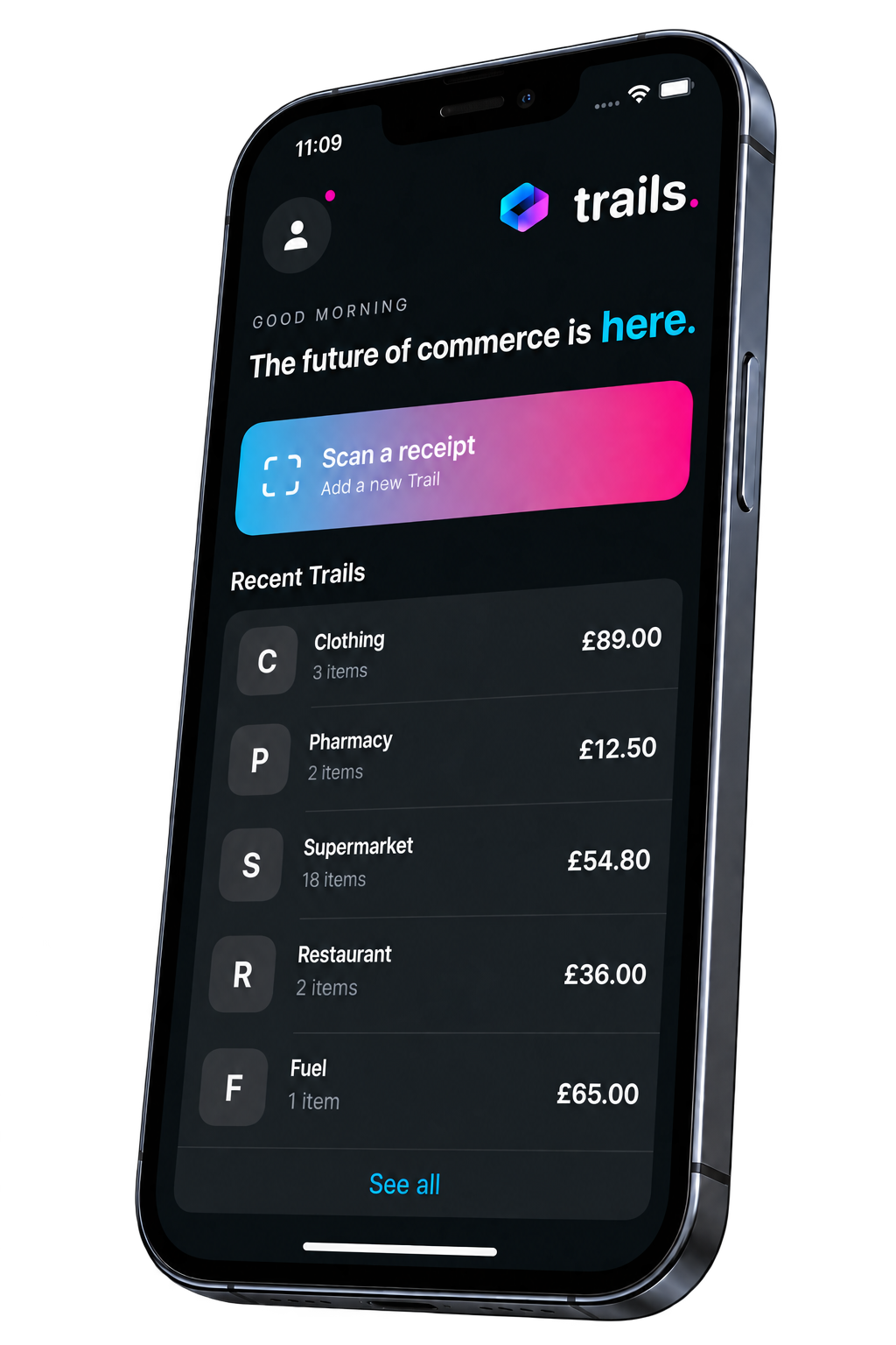 Current Trails Home showing Scan a receipt followed by Recent Trails